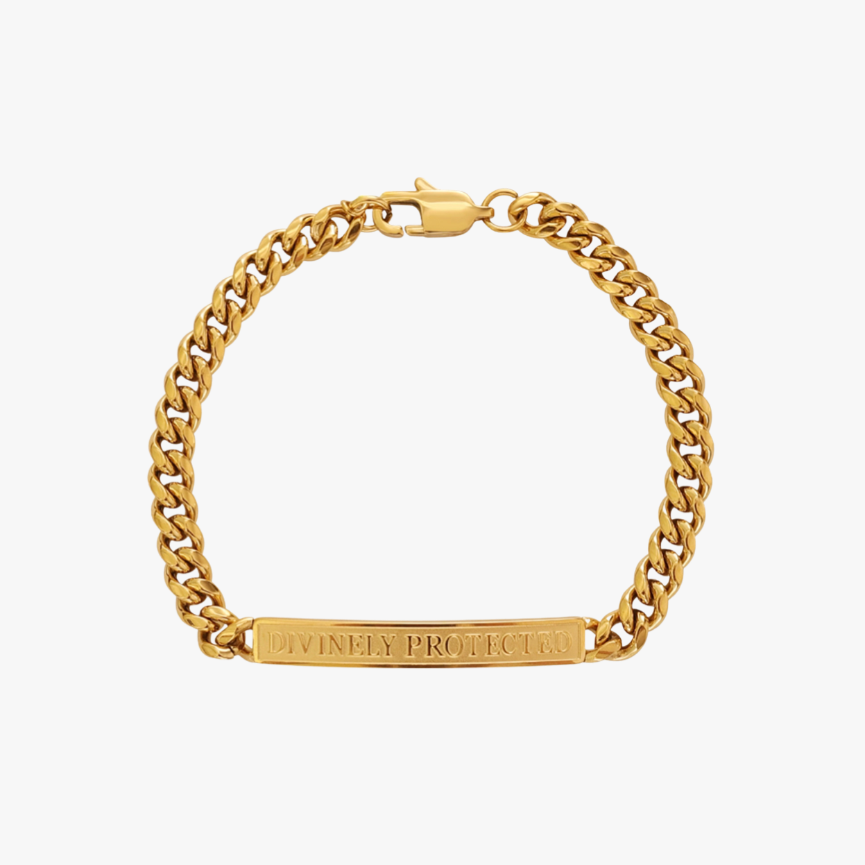 Gold chain bracelet with a visible brand name on a white background