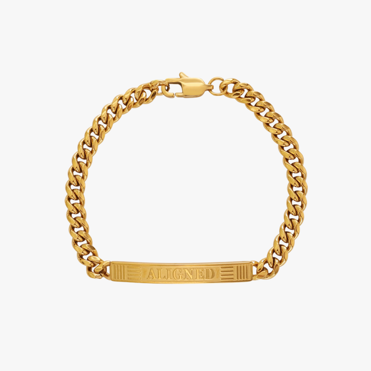 Gold chain bracelet with a nameplate on a white background