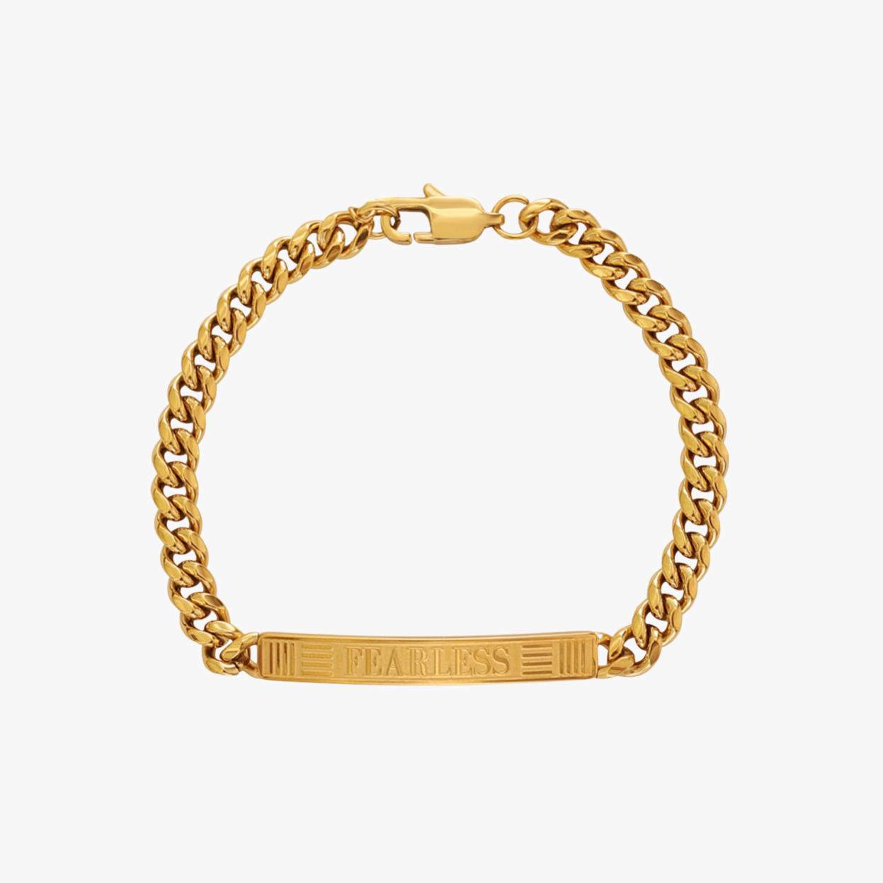 Gold chain bracelet with a rectangular tag on a white background